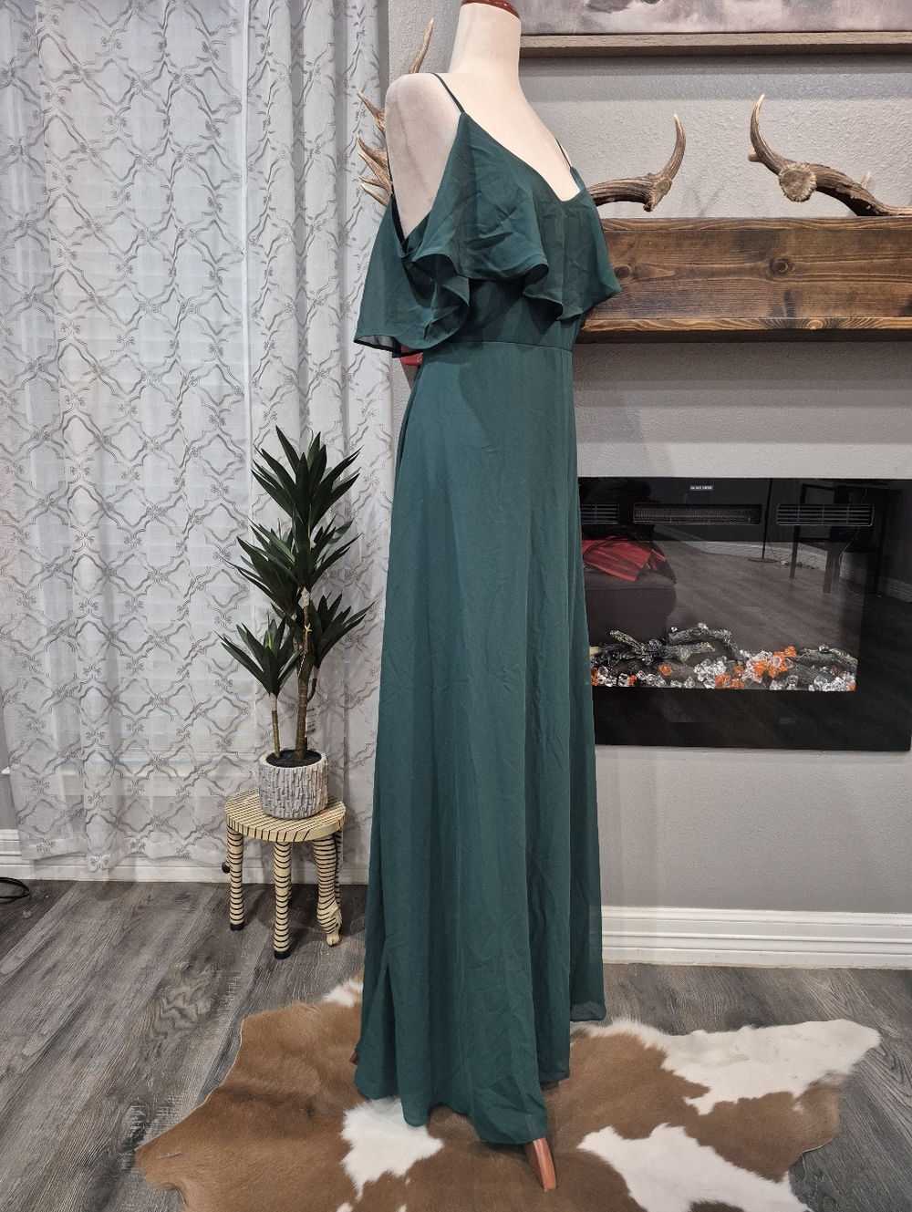 NEWBirdy Grey Jane Dress Size Large Teal Ruffle-Front Spaghetti-Strap Maxi Dress - Picture 5 of 7